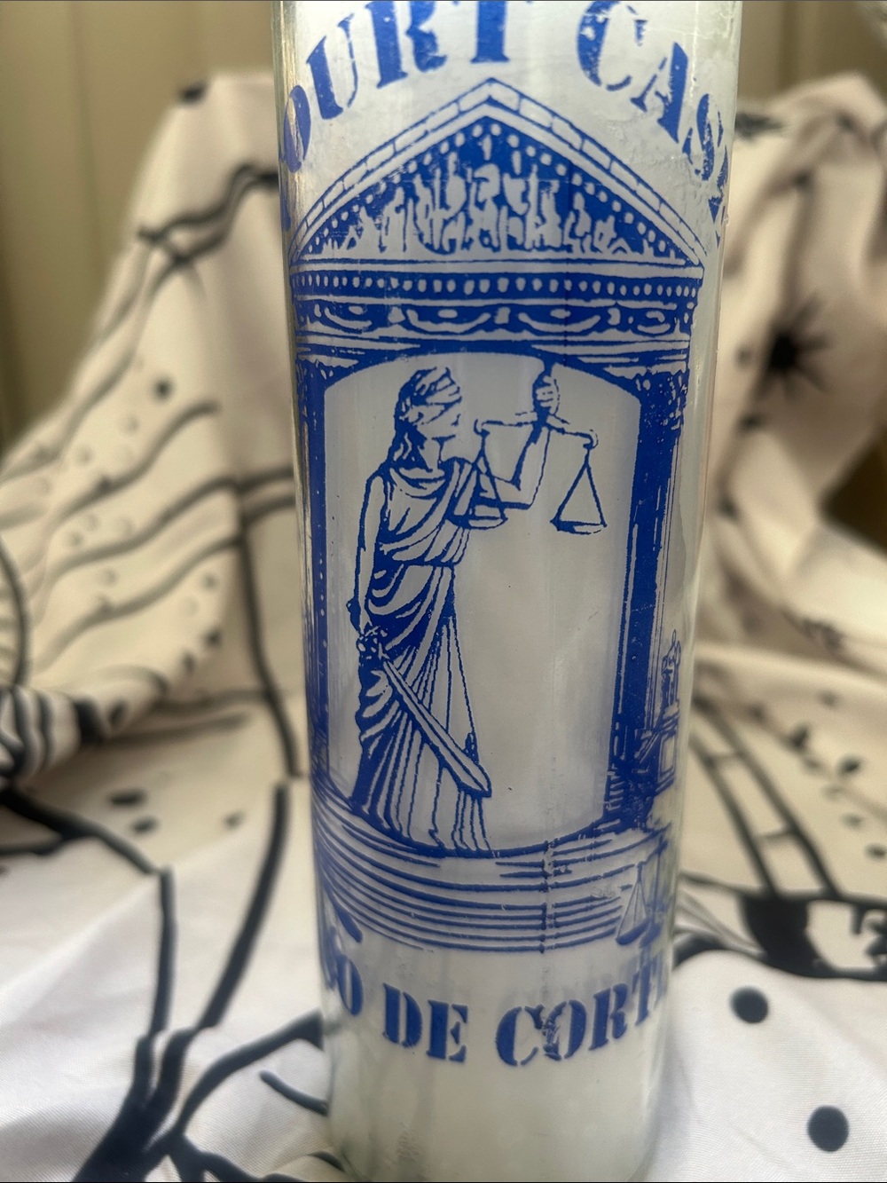 Blue Lady Justice Prayer Candle - White Glass